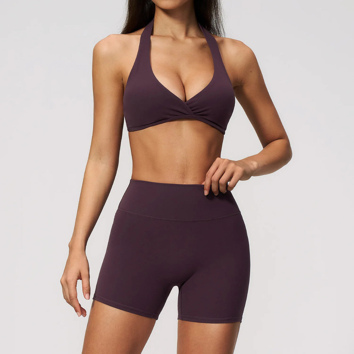 Halter Two-Piece Set — Dark Purple, halter bra top + shorts