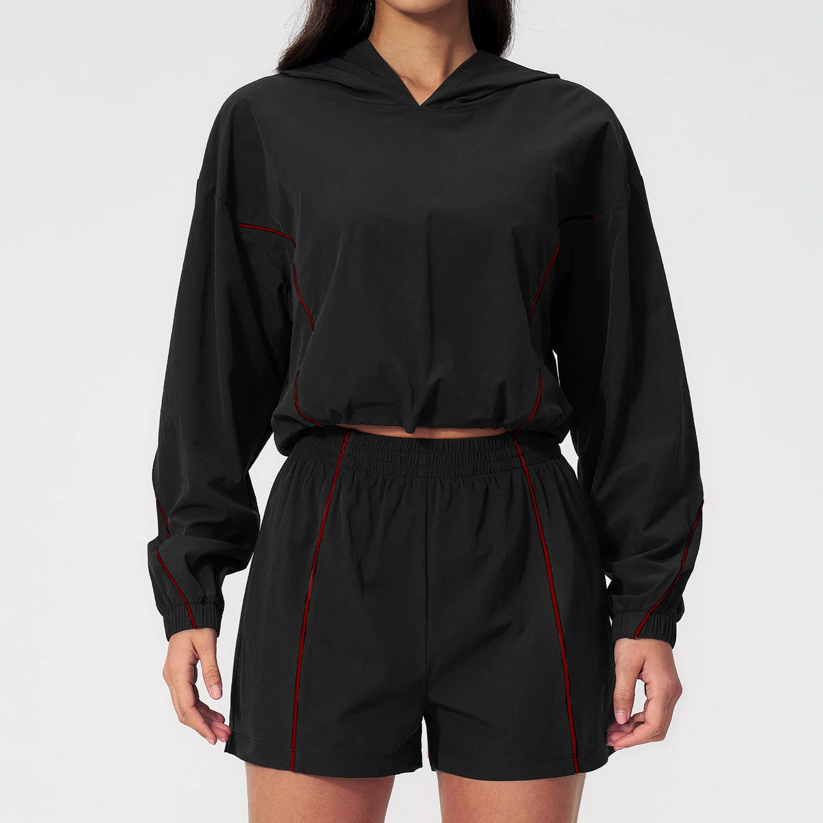 Hooded Two-Piece Set — Black and red, hooded jacket + shorts