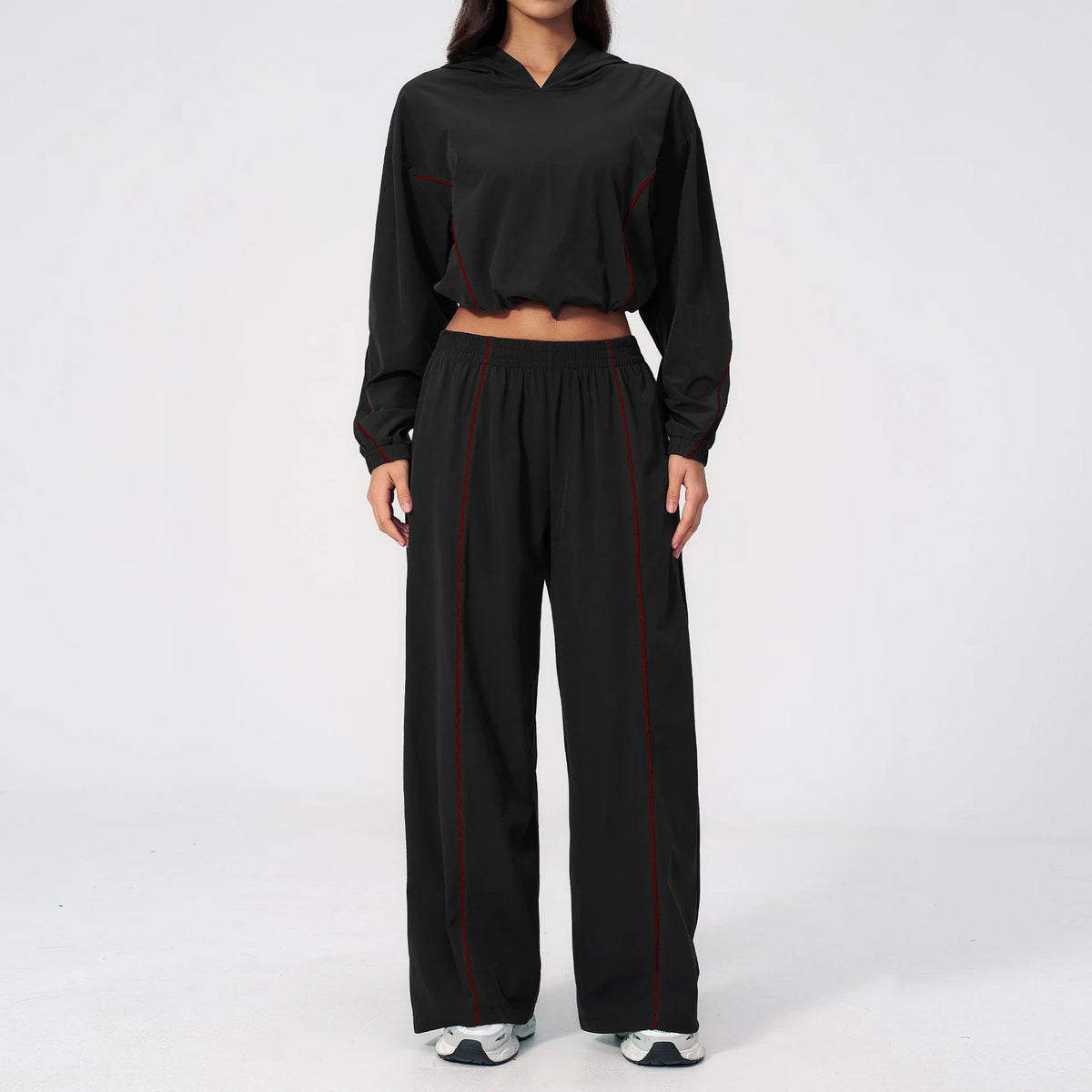 Hooded Two-Piece Set — Black and red, hooded jacket + pants