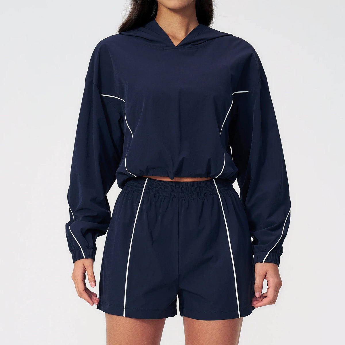 Hooded Two-Piece Set — Navy Blue, hooded jacket + shorts