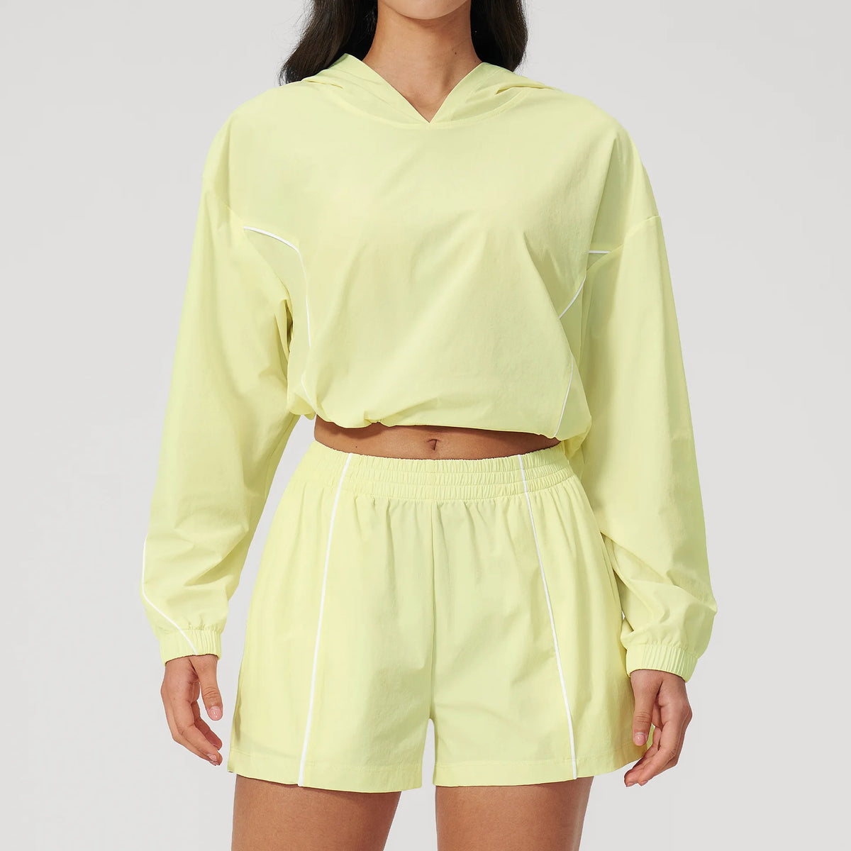 Hooded Two-Piece Set — Lemon Yellow, hooded jacket + shorts