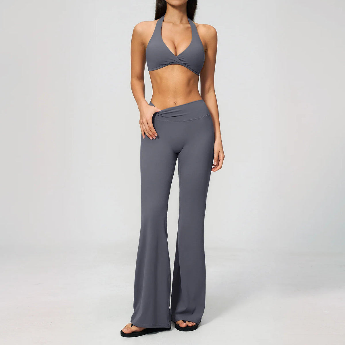 Halter Two-Piece Set — Dusty Blue, halter bra top + flared pants