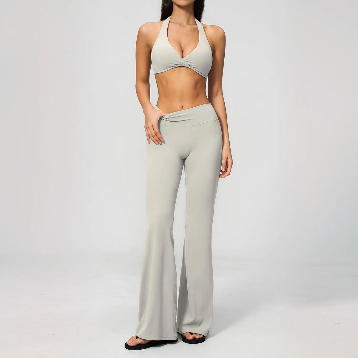 Halter Two-Piece Set — Pearl Gray, halter bra top + flared pants