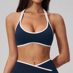 Contrast-Trim Halter Bra — Deep Blue