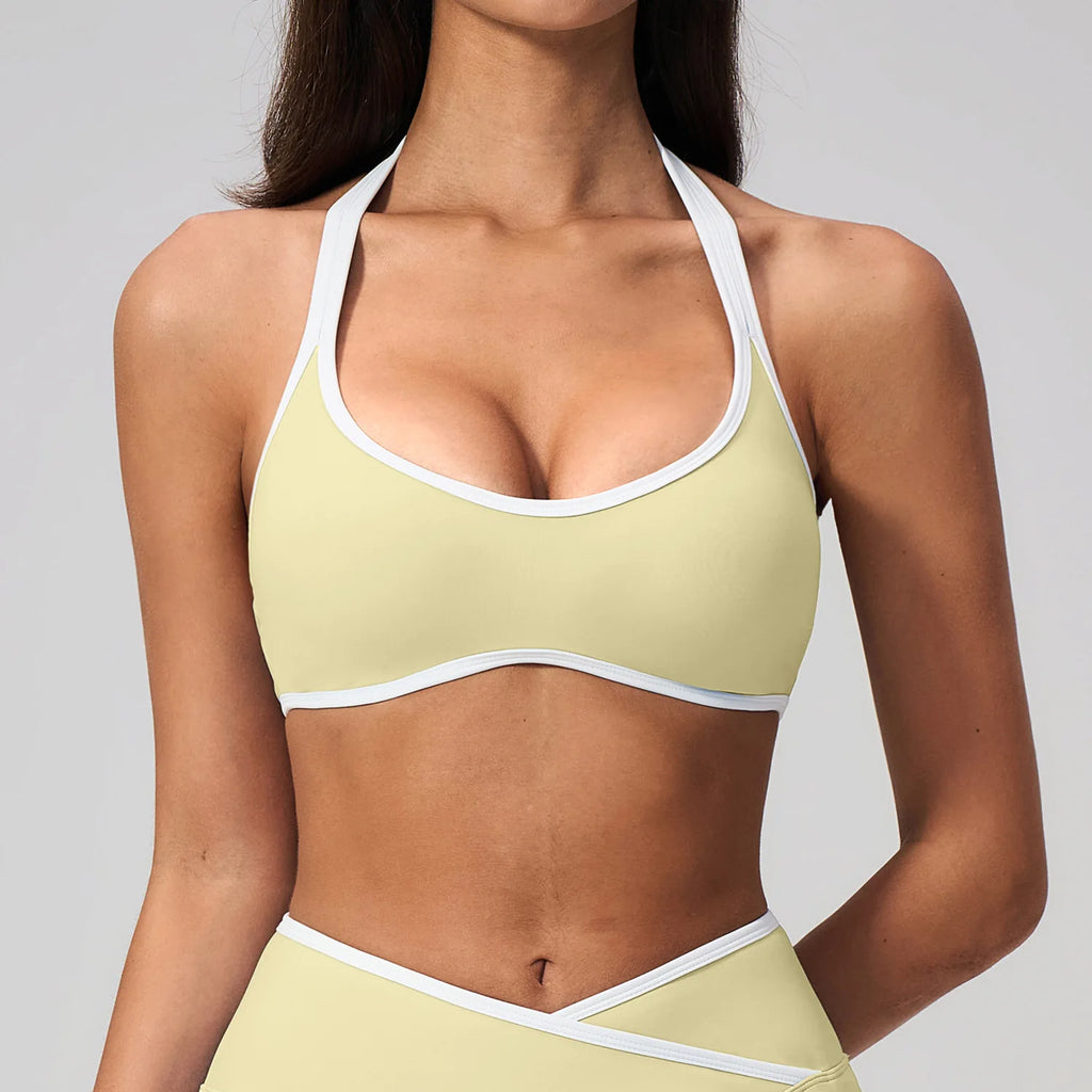 Contrast-Trim Halter Bra — Ivory yellow