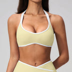 Contrast-Trim Halter Bra — Ivory yellow