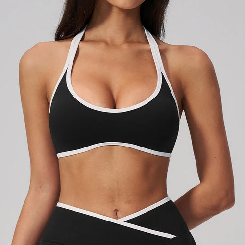 Contrast-Trim Halter Bra — Premium Black