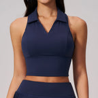 V-Neck Polo Crop Top — Dark blue