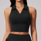 V-Neck Polo Crop Top — Premium Black